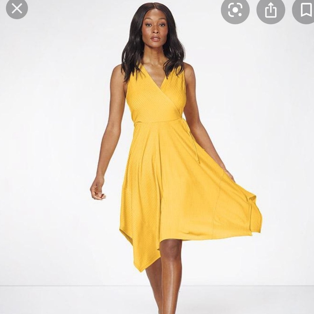 AVON Yellow Ribbed Knit V-Neck High Low Midi Summer Wrap Dress XS 0-2